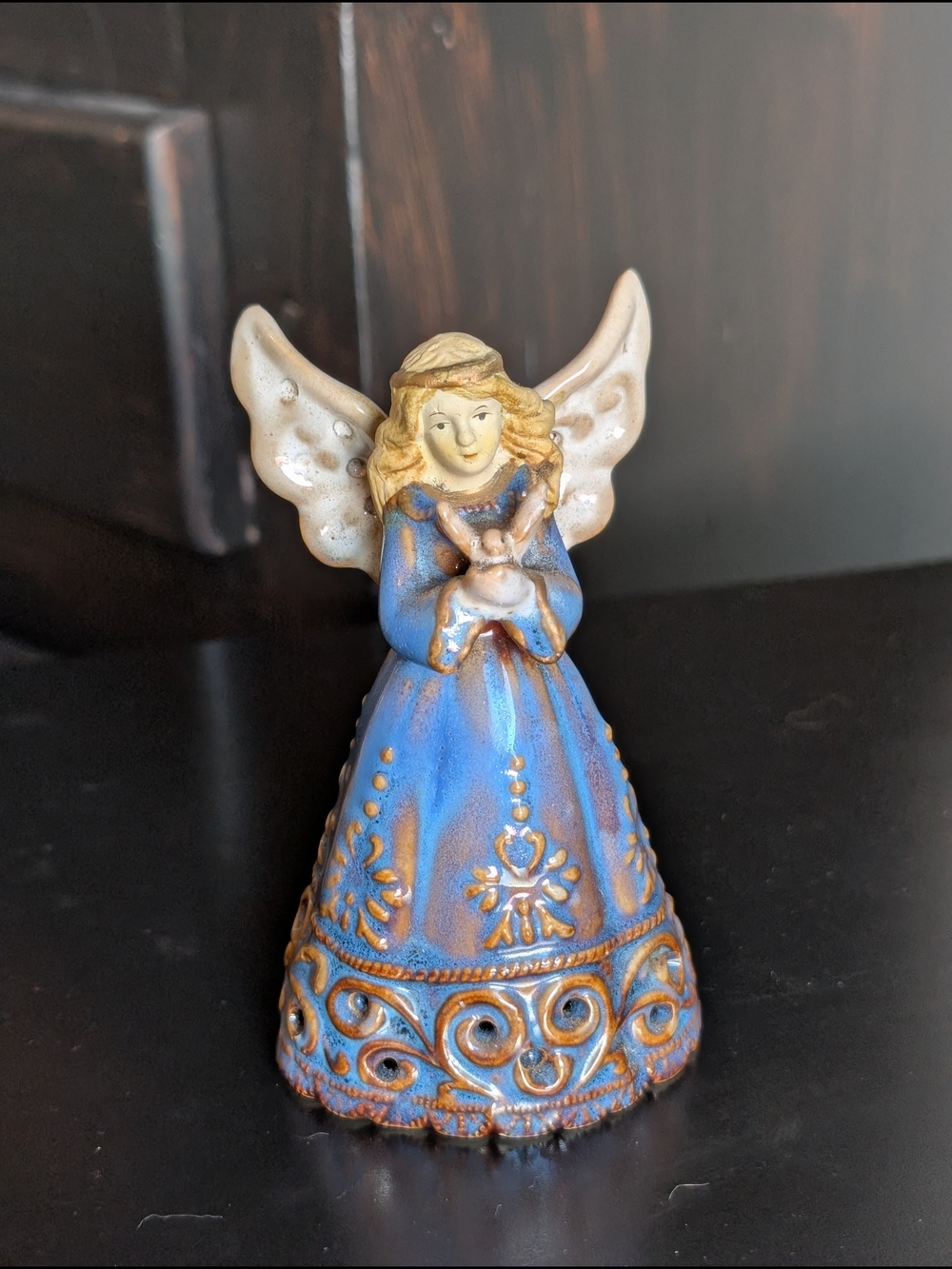 Blue and Gold Decorative Angel Figurine with Cream Wings